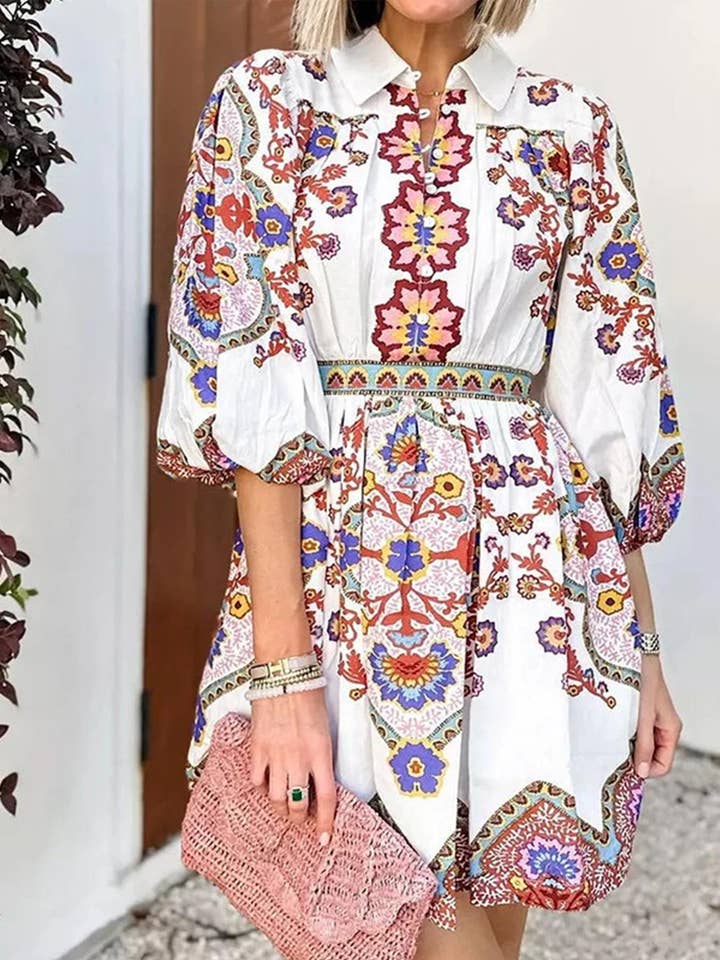 V-neck Lantern Sleeve Printed Dress for wholesale by Wholesalesir