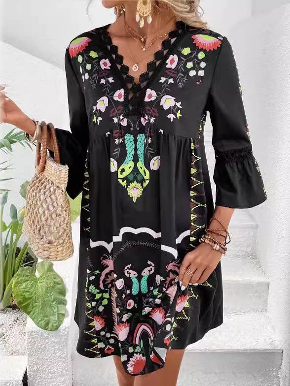 Lily Clothing - Wholesale Dress - Women's - V-neck lace patchwork complete with printed dress