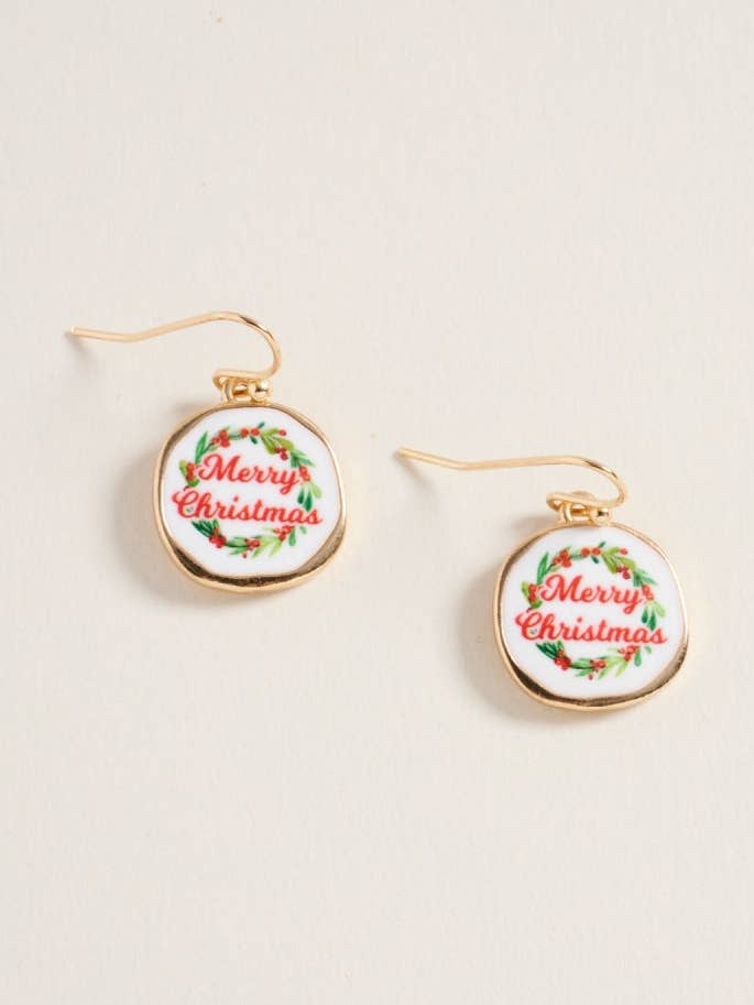 Merry Christmas Wreath Enamel Stone Hook Earrings for wholesale by Designature New York