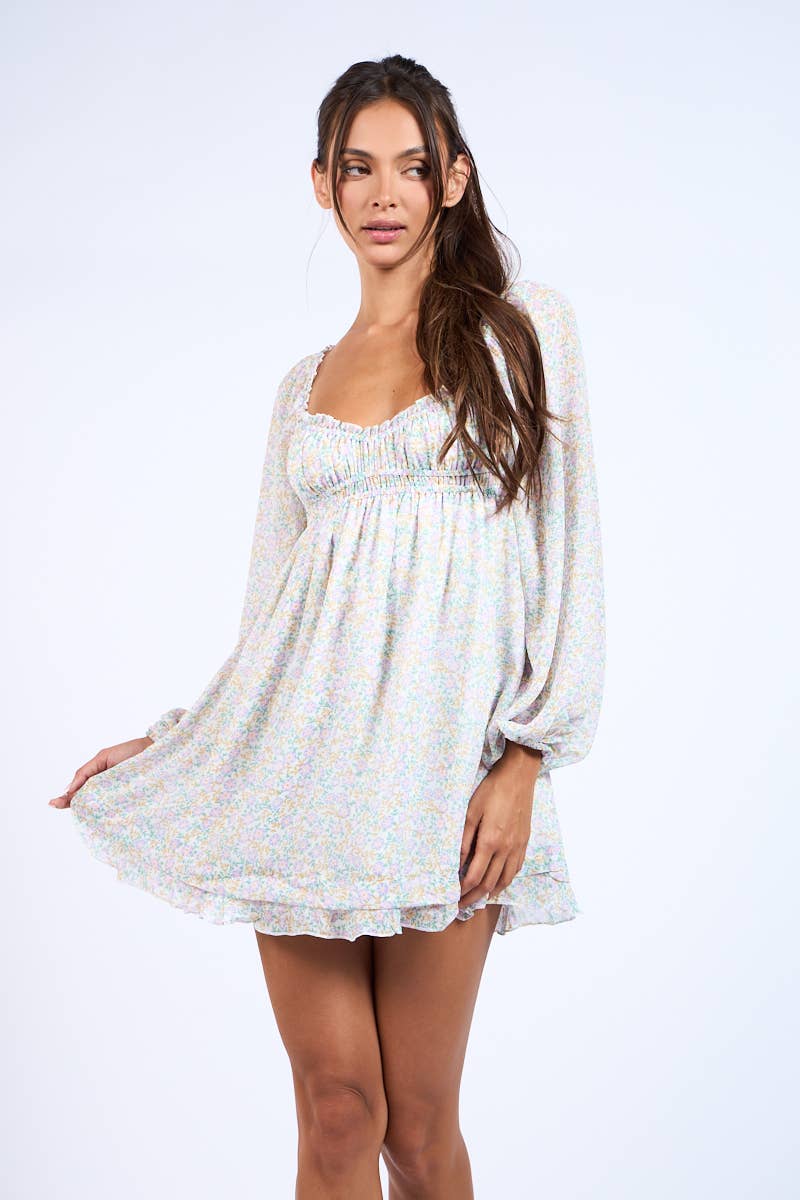 Lovely Bae DITSY FLORAL LONG SLEEVE RUFFLE TRIM MINI DRESS for wholesale on Faire6