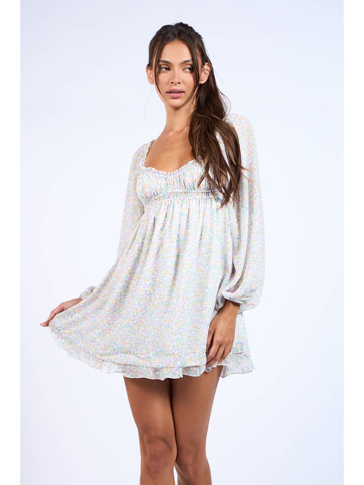 Lovely Bae DITSY FLORAL LONG SLEEVE RUFFLE TRIM MINI DRESS for wholesale on Faire6