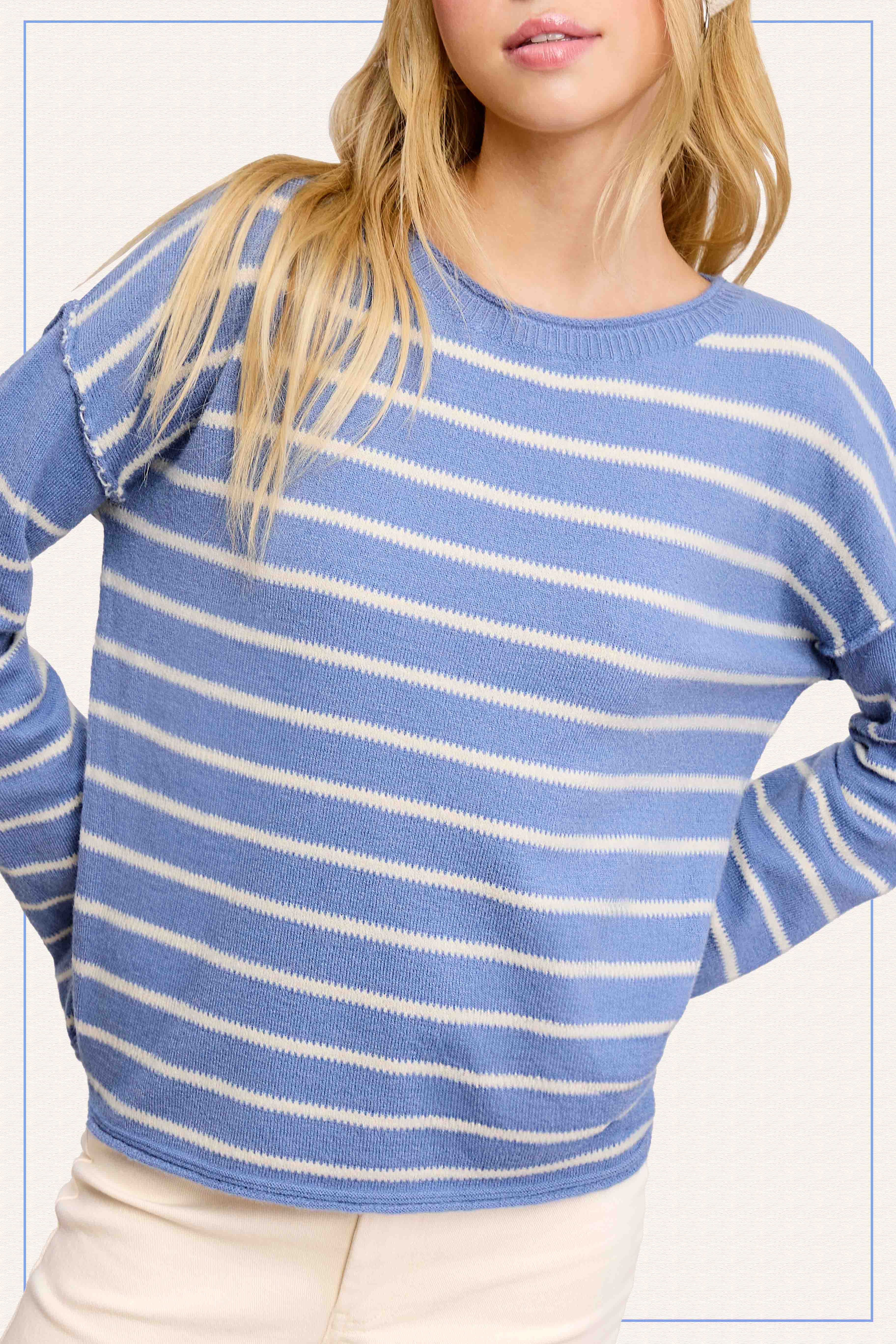 La Miel - Wholesale Knit Sweater - Women's - MCS3588-Striped Round Neck Loose Fit Long Sleeve Sweater13