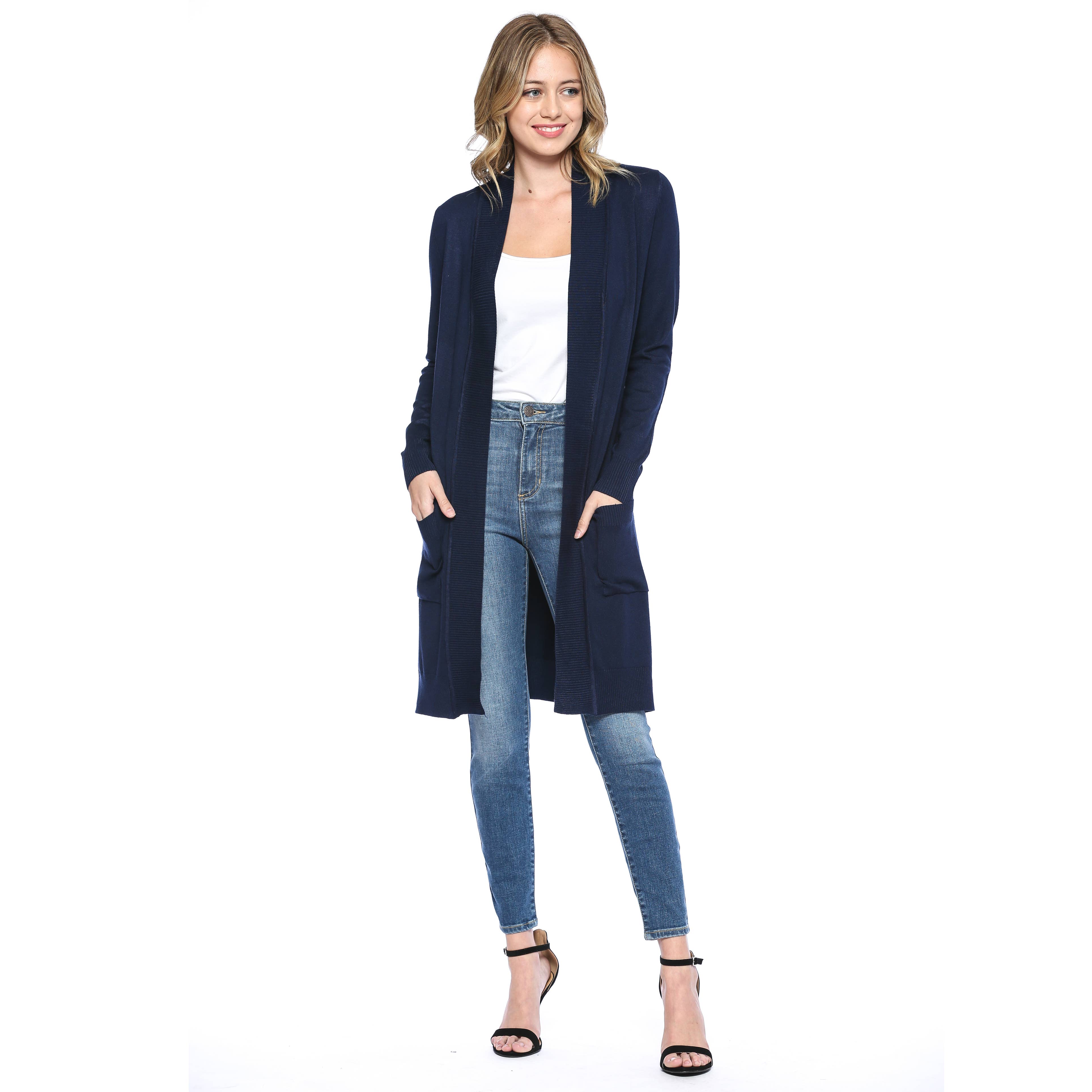 Urban Look - Wholesale Cardigan - Women's - Premium Open Front Pocket Duster Cardigan Navy Plus Size4