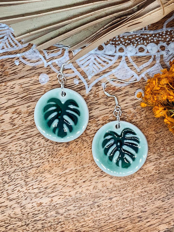 Monstera leaf imprint - Porcelain Earrings for wholesale by Wolf and Clay Pty Ltd