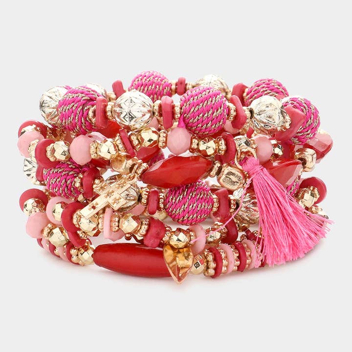 7PCS Tassel Arrow Ammonite Stretch Multi Layered Bracelets for wholesale by Sensibling Corp.