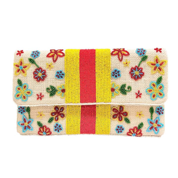 Jute Clutch With Beaded Flowers And Yellow/Red Stripe for wholesale by Pizzazz, Inc.