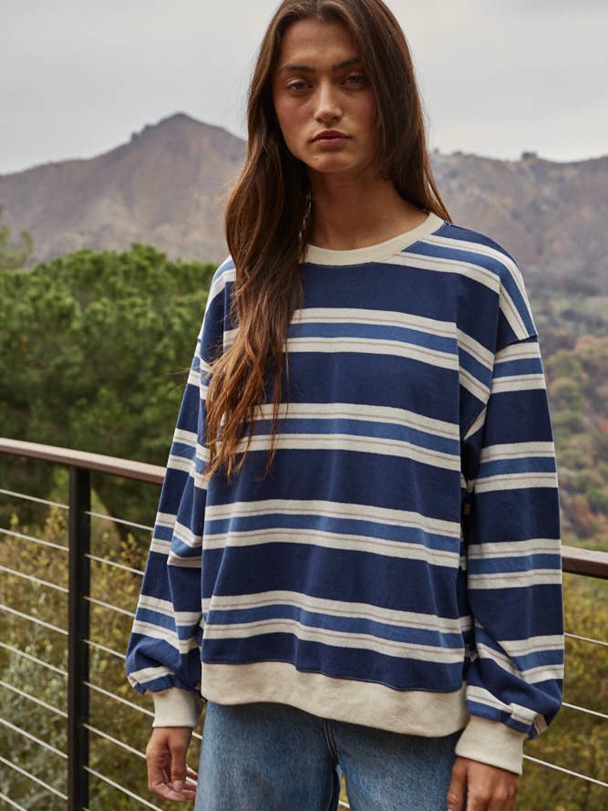 L8582 | Knit Cotton Striped Crew Neck Long Sleeve Top for wholesale by By Together