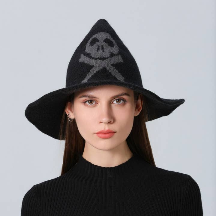 NINEXIS - Wholesale Boater Hat - Women's - CWAH1681_Halloween Skull Knitted Wizard Hat