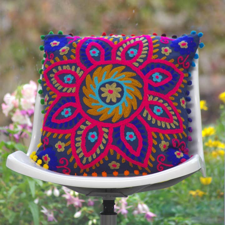 Suzani Floral & Woolen Embroidered Cotton Cushion Cover 16'' for wholesale by Kantha Decor