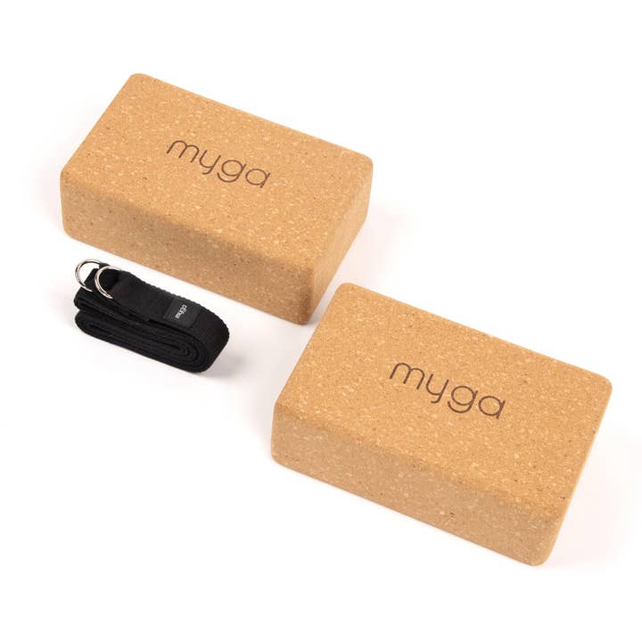 Myga Europe - Wholesale Yoga Block/Bolster - Cork yoga stabilization set of 2 cork blocks and a 2 in 1 yoga strap - black