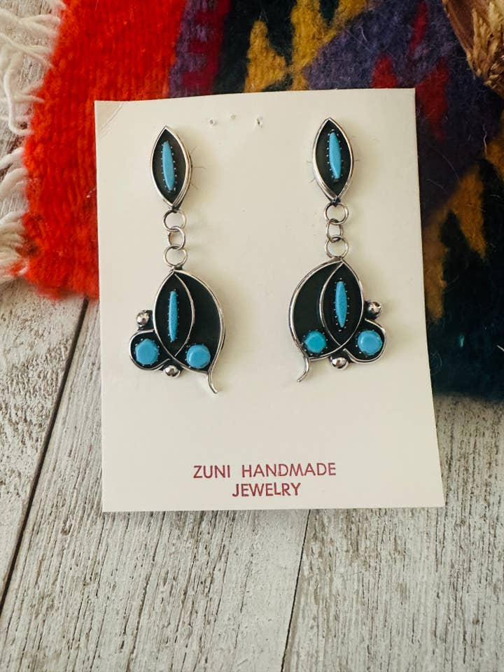 Brincos Dangle em Prata de 1ª Lei Zuni e Turquesa Shadowbox por atacado de Nizhonitradersllc