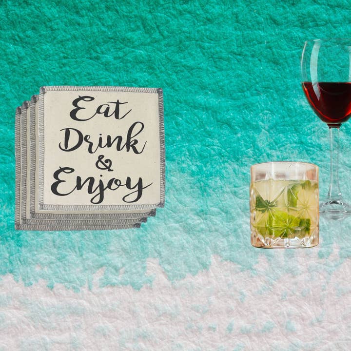 Canvas onderzetters set van 4 - gezegde Eat Drink and Enjoy voor wholesale door Witty Girls