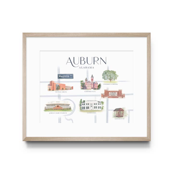Gracefully Made Art - Venta al por mayor Ilustración - Impresión de mapas de la Universidad de Auburn, colegiada, día del juego