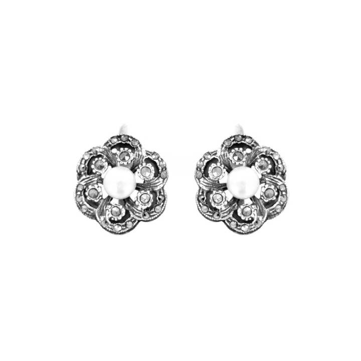 Earrings Flower with Marcasites and Pearl in Silver for wholesale by PORTUGAL JEWELS