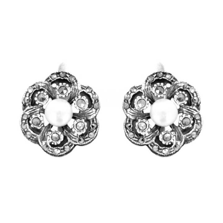 Brincos Flor com Marcassites e Pérola em Prata por atacado de PORTUGAL JEWELS