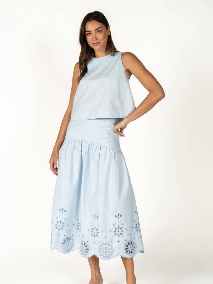 Two-Piece Eyelet Skirt Set - Sleeveless Top & Tiered Midi for wholesale by Reminiscence
