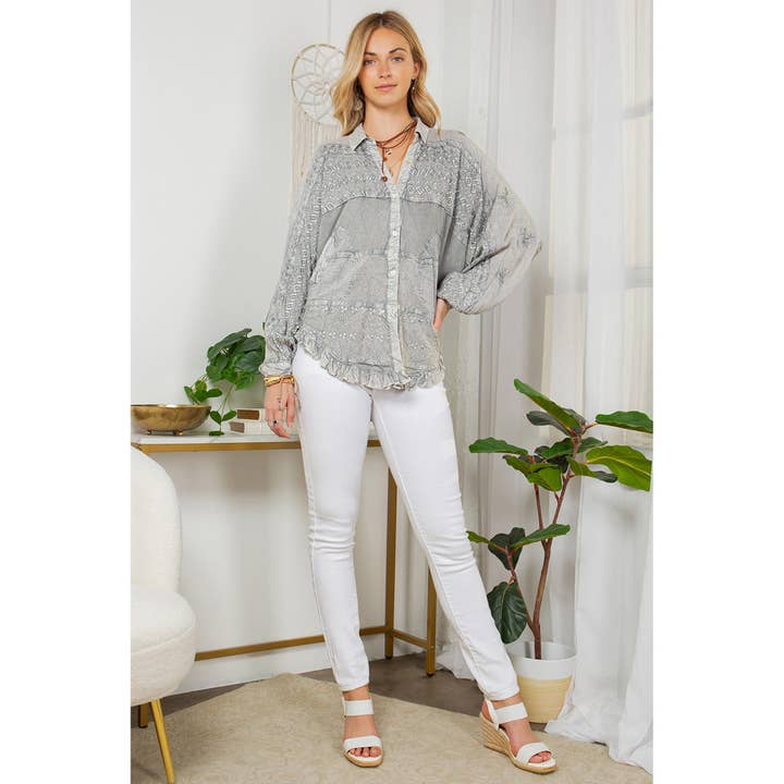 Grey Bohemian Stonewashed Rayon Bat Sleeves Top With Shirt Collar for wholesale on Faire5