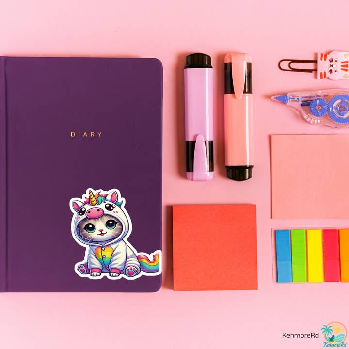 KenmoreRd - Wholesale Sticker - Cat in Unicorn Onesie Sticker – Glossy Vinyl, 3 Sizes6