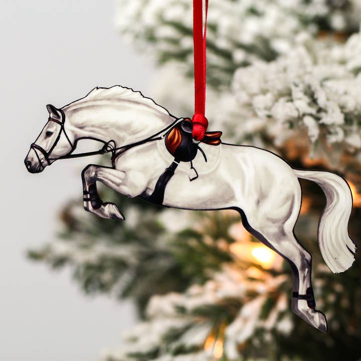 Jumping Horse Ornament - White / Light Gray Hunter Jumper for wholesale by Classy Equine