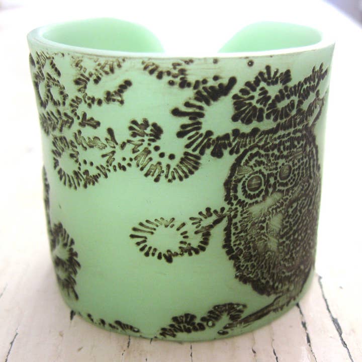 Jade Green Owl Cuff Bracelet, Owl Design, Handmade Jewelry for wholesale by Tea House Designs