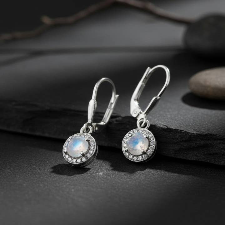 Ethereal Glow Drops: Natural Moonstone & Dazzling Moissanite Halo Dangle Earrings for wholesale by Princejewelshub