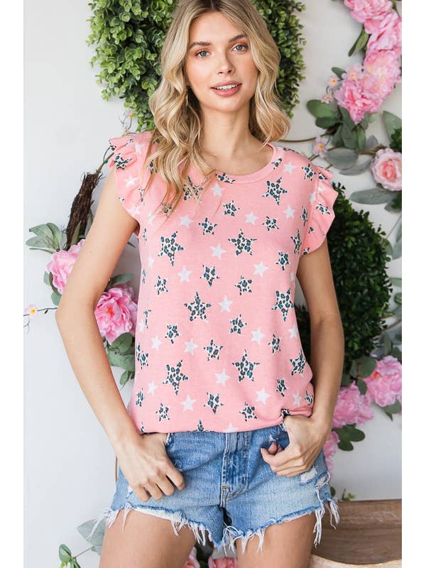 SHORT RUFFLE SLEEVE ANIMAL STAR PRINT KNIT TOP for wholesale by Pink Irene Wholesale