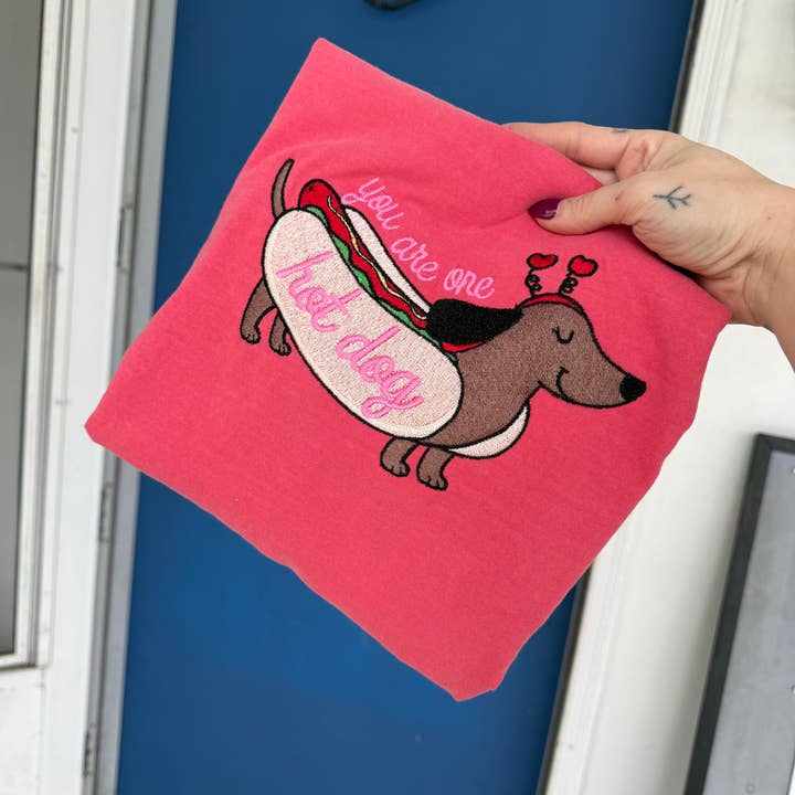 You are one hot dog valentines embroidered tshirt. for wholesale by Basil & Burch