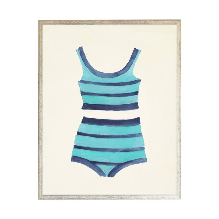 Suite de baño de dos piezas, color verde azulado con rayas azul marino, desgastada para venta al por mayor de Antique Curiosities Inc