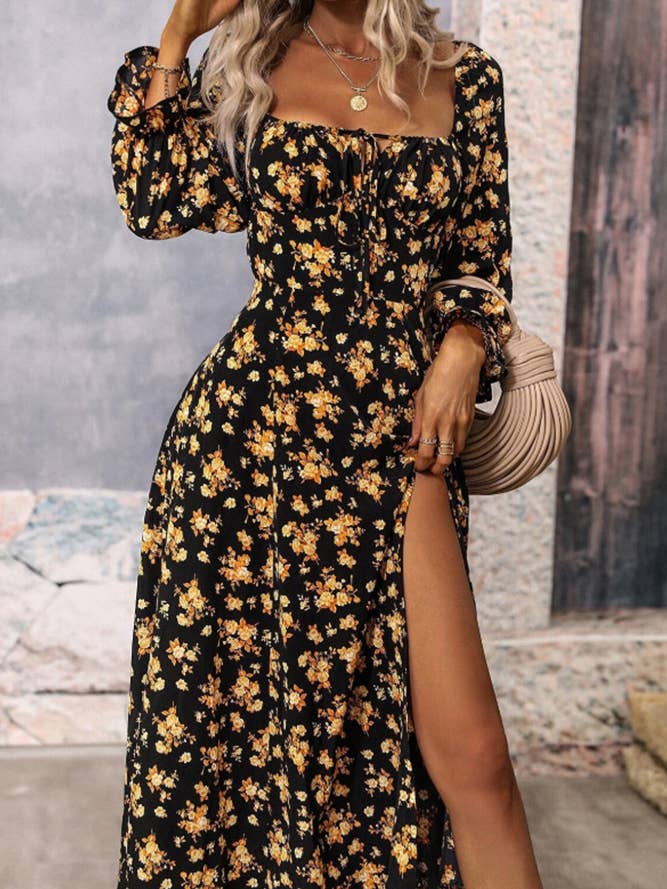 Floral Printed Split Collar High Split Maxi Dress ZZKF429 for wholesale by UNISHE