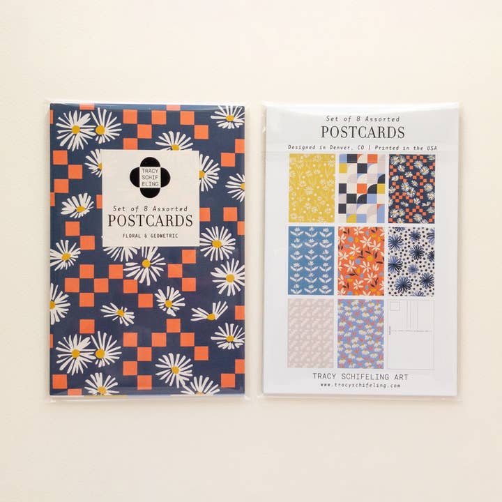 Ensemble de 8 cartes postales assorties - Motifs floraux et géométriques pour la vente par Tracy Schifeling Art