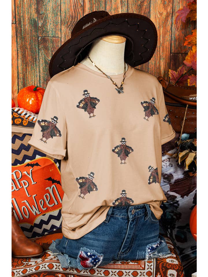 As shown Sequin Turkey Patched Crewneck Thanksgiving T Shirt*S-3XL for wholesale on Faire