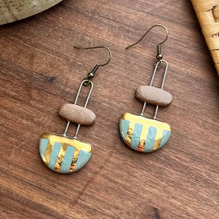 Blue Two Piece Striped and Natural Clay Earrings for wholesale by The Artifact House