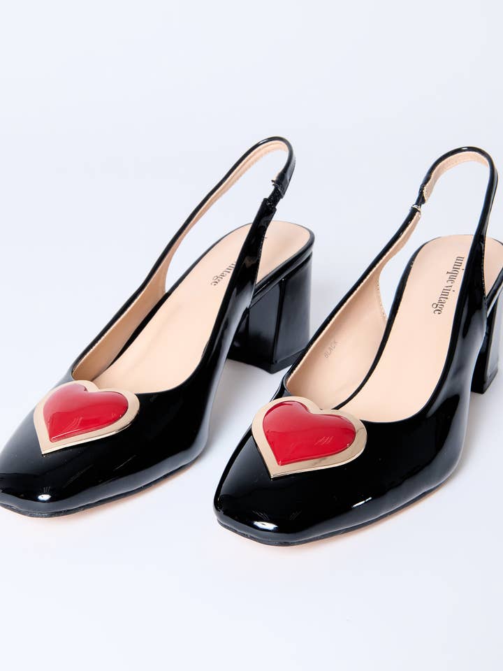 Unique Vintage Black & Red Heart Leatherette Slingback Heels for wholesale by Unique Vintage