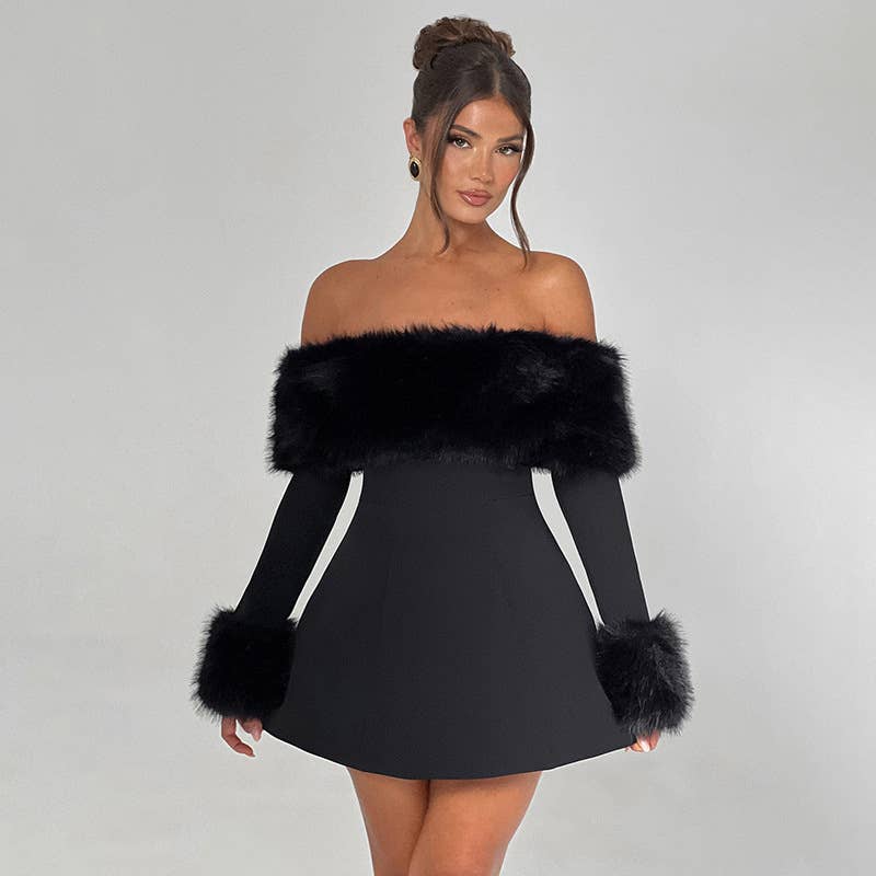 Black Off-Shoulder Fur Trim Long Sleeve Slim A-Line Dress for wholesale on Faire0