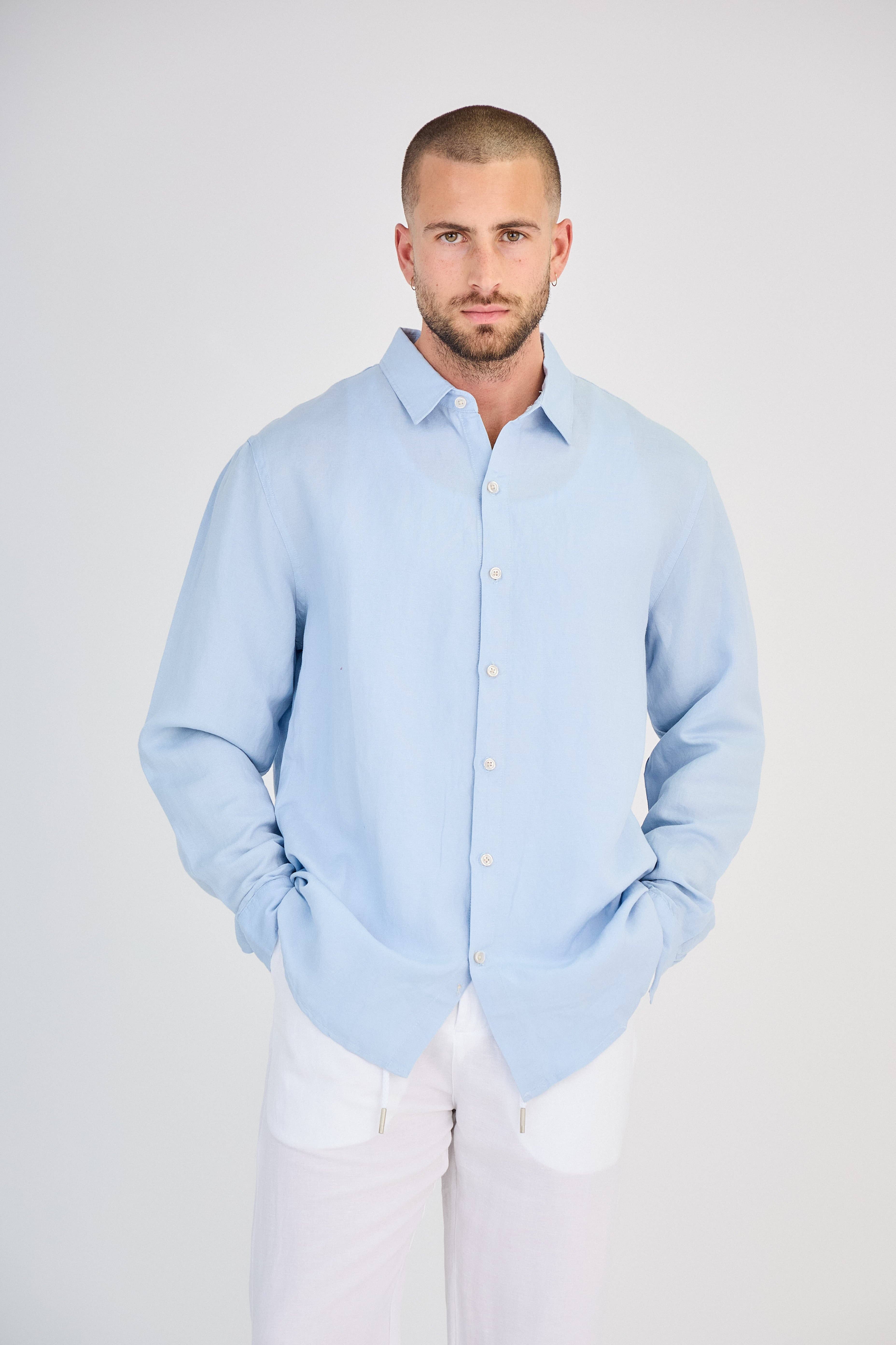 TOP MONDAY - Wholesale Shirt - Men's - Light Blue Long Sleeve Linen Shirt1