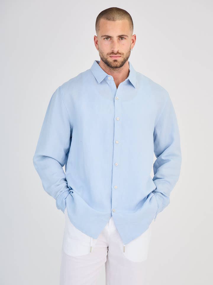 TOP MONDAY - Wholesale Shirt - Men's - Light Blue Long Sleeve Linen Shirt1