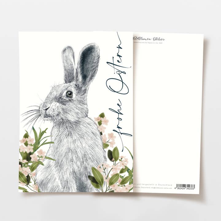 Biglietto di Pasqua Coniglio con fiori rosa Buona Pasqua, carta FSC per la vendita all'ingrosso da parte di Wildblumen Atelier