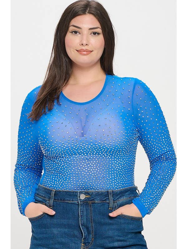 Curve Market - Wholesale Bodysuit - Women's - PLUS SIZE RHINESTONE STUDDED MESH BODYSUIT7