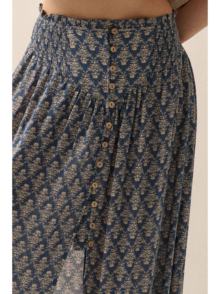 Promesa USA – Saia - Mulher por atacado – Saia Maxi Floral Ornada com Cintura com Botão e Frente1