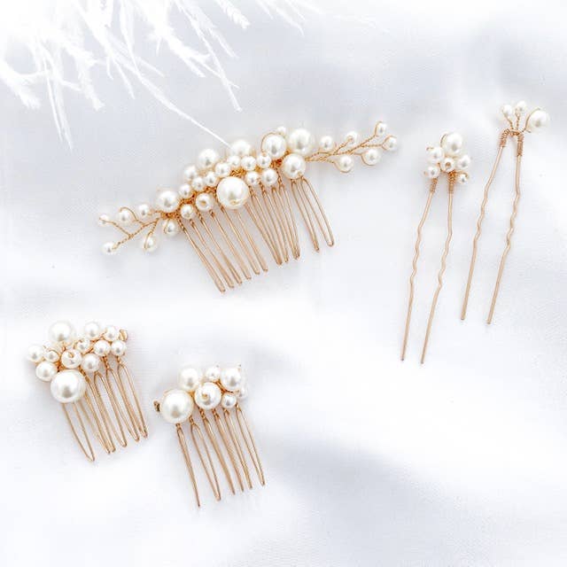 Nicholls Jewellery - Wholesale Hair Pin - Pearl Comb and Pin 5 piece set (Gold)1