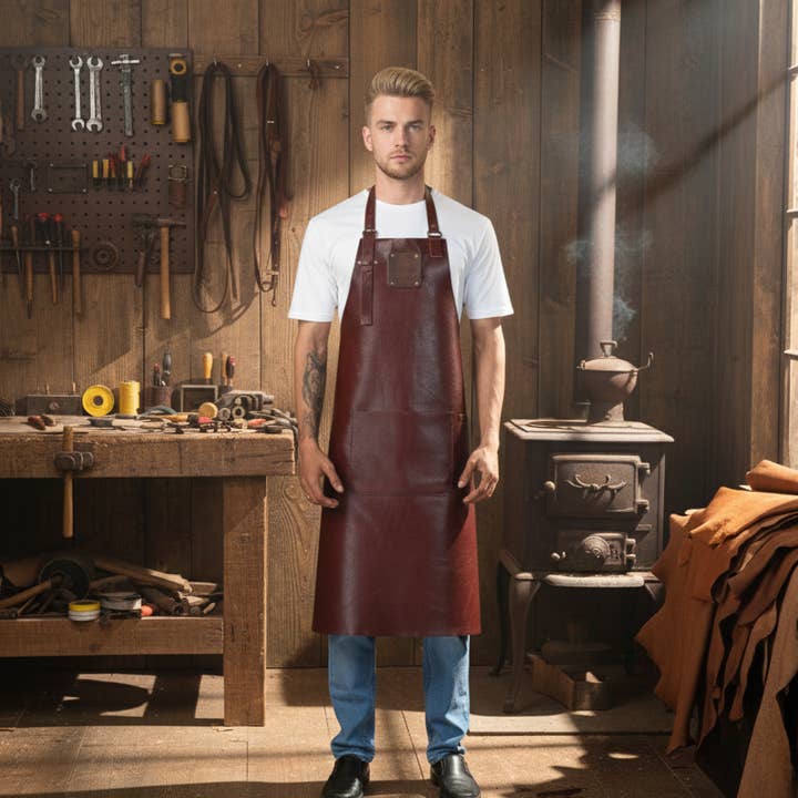 Klassiskt kastanjebrunt läderförkläde – Hållbart, stiligt & handgjort för wholesale av MLC