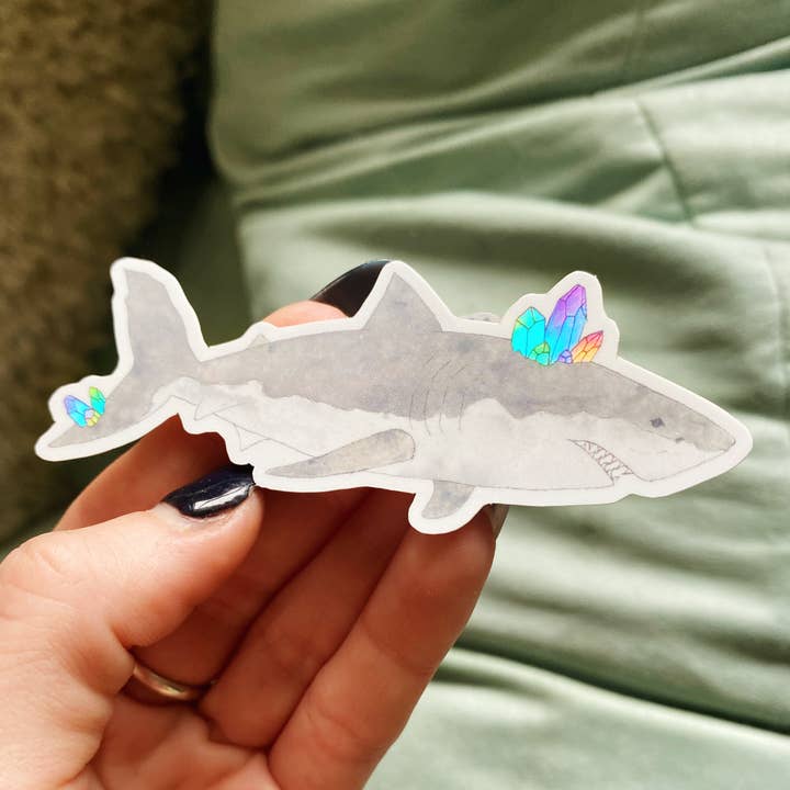 Holographic Crystalized Shark Sticker for wholesale by Jess Weymouth