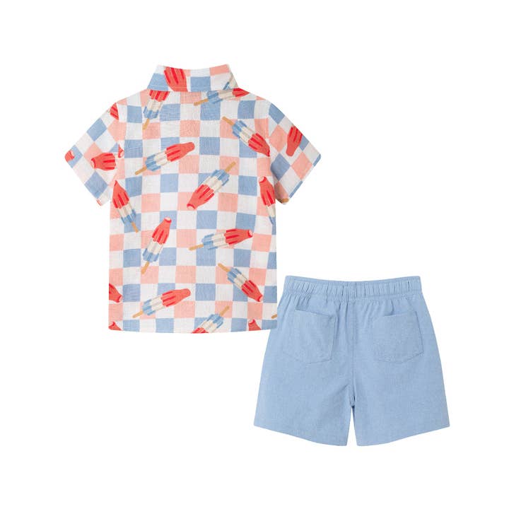 White Kids (2-8) Buttondown & Short Set | Checkered Ice Pop for wholesale on Faire3