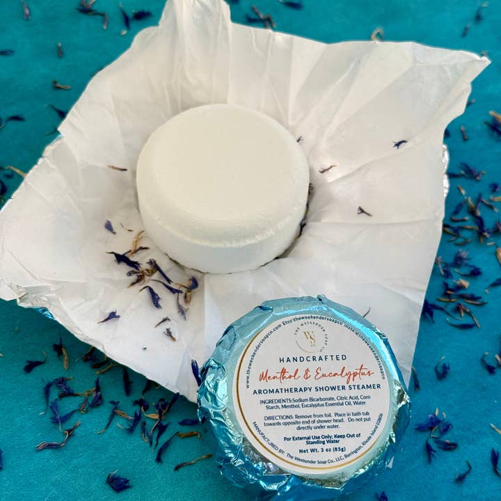 Menthol and Eucalyptus Essential Oil Shower Steamer, 3oz for wholesale by The Weekender Soap Co.