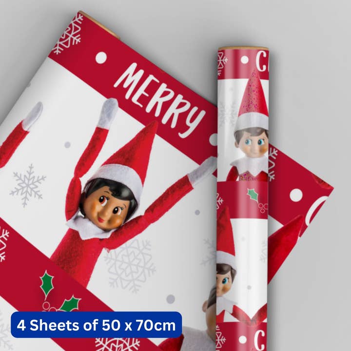 Elf on the Shelf Christmas Wrapping Paper 4 Sheets & 4 Tags for wholesale by Danilo Promotions Ltd