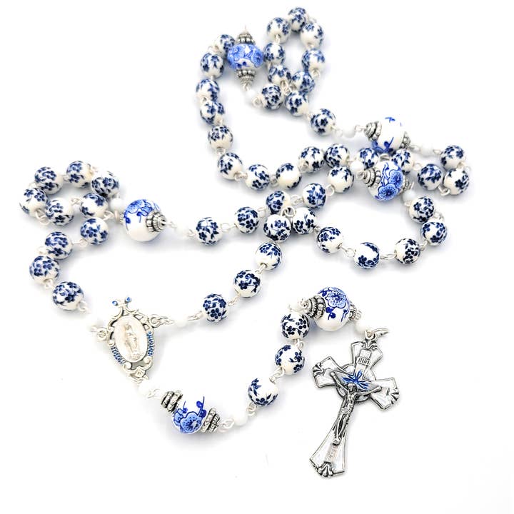 White and Blue Porcelain Rosary for wholesale by MG Rosary