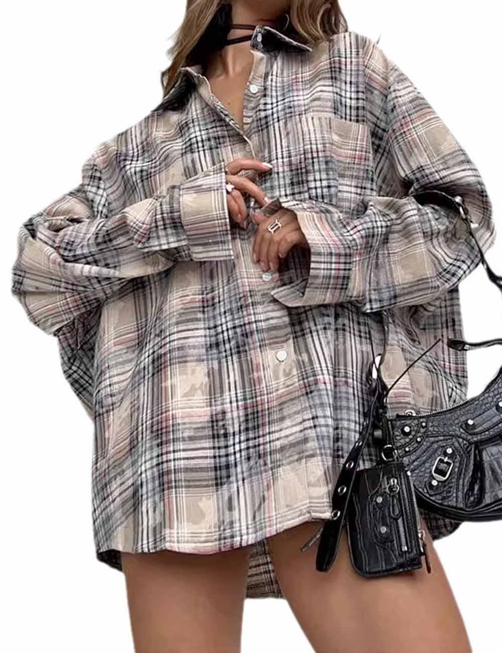 Dipped Shop - Wholesale Button Down Shirt - Women's - Vintage Plaid Long Sleeve Loose Shirt DP25E5580