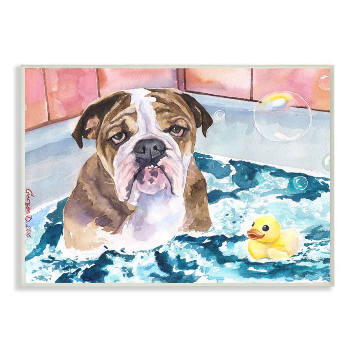 Stupell Industries – wholesale Väggplakett – Engelska bulldog i badkar gummi Duck Bubbles
