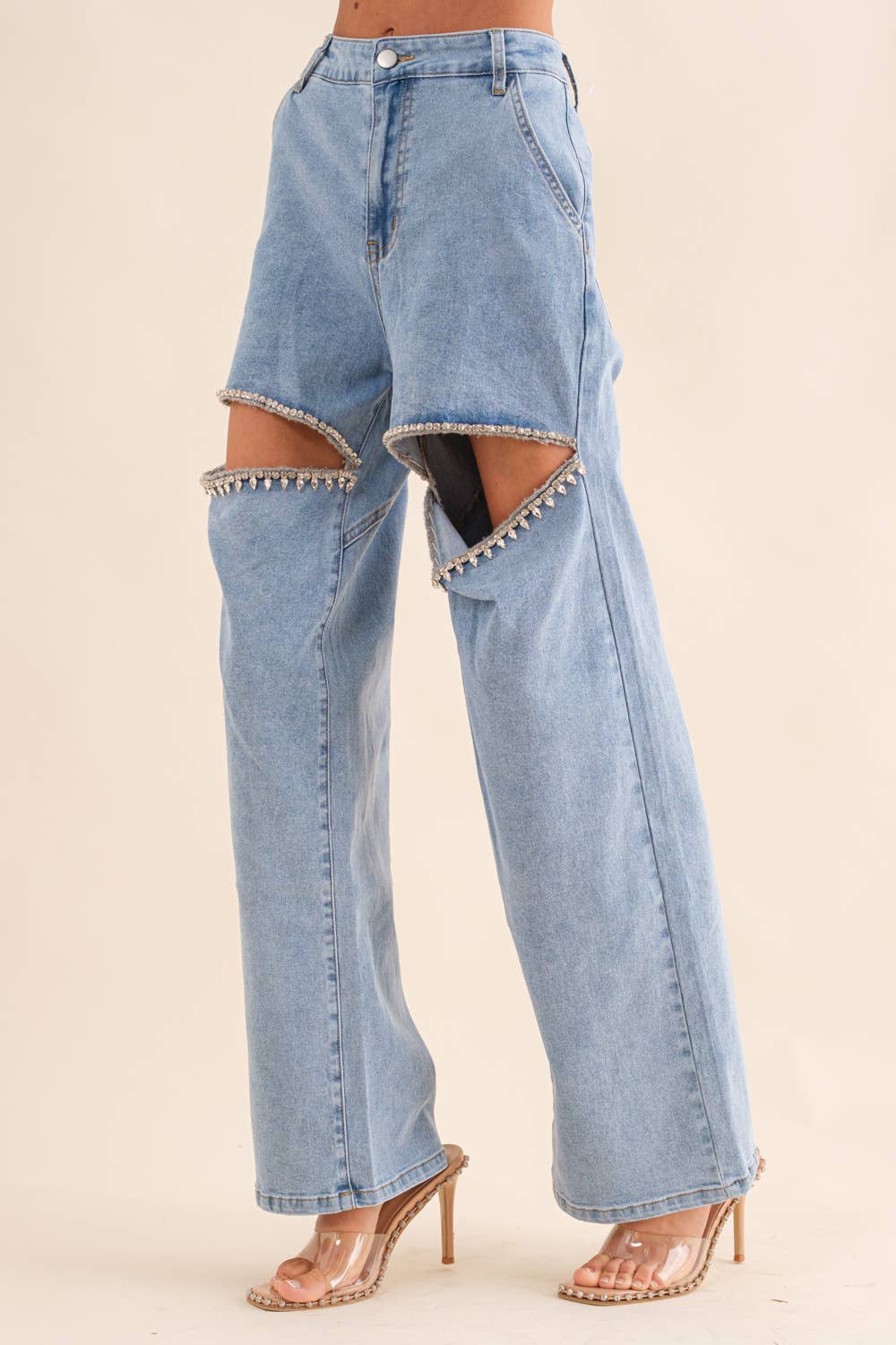 Blue B - Wholesale Jeans - Women's - 15137P-1 - Cut Out Front Rhinestone Washed Denim Jeans0