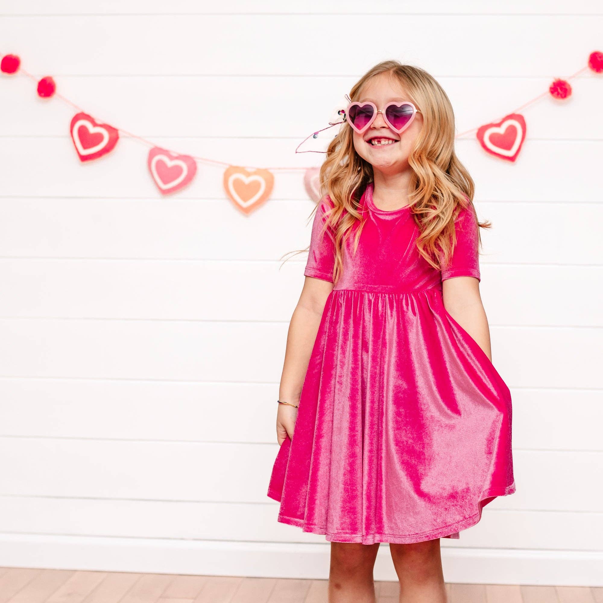 millie + roo LLC - Wholesale Dress - Kids - VELVET MID SLEEVE TWIRL- Pink Opal (Hot Pink) Stretch Velvet Twirl Dress1